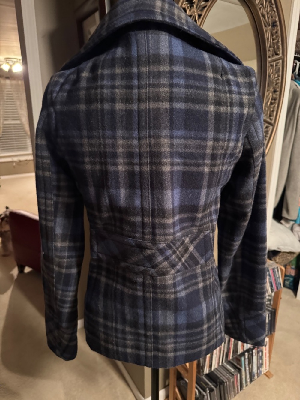 Aeropostale Blue and Black Plaid Double-Breasted Peacoat - Picture 2 of 3